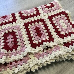 Vintage Crocheted Throw Handmade Pink Granny Square Blanket Christmas 62x41